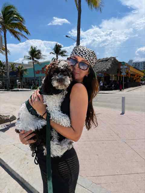 Belén holding a curly brown and white dog on a sunny Miami street